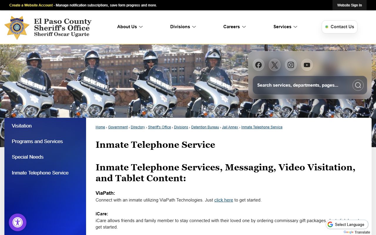 El Paso County inmate records telephone and video services